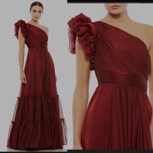 Mac Duggal 67878 Wine 10 Red Organza Long One Shoulder Evening Gown Dress